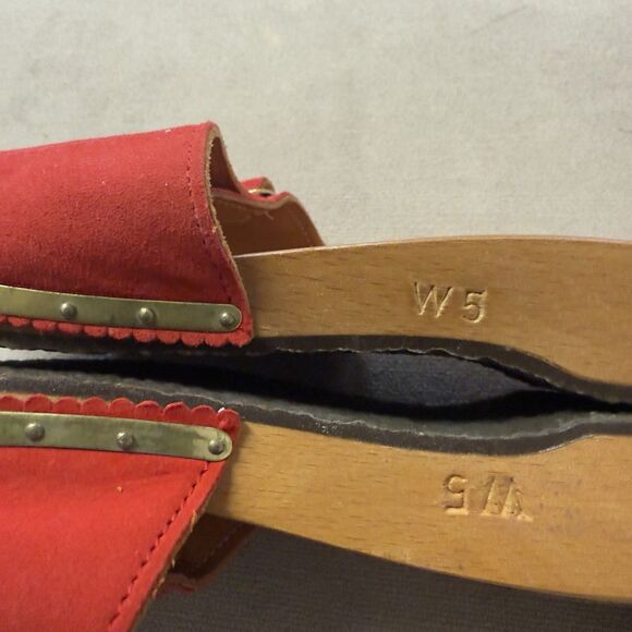 Vtg Dr Scholl Wooden Exercise Sandal Clog Suede Leather Red Women 5 NWOB - Picture 4 of 6